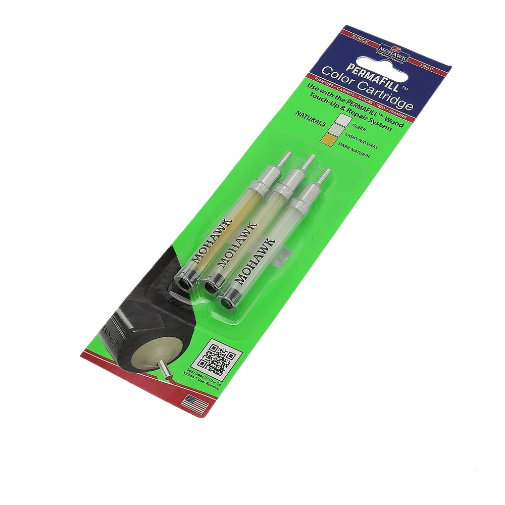 Set of three PermaFill color cartridges in natural shades for wood touch-up and repair projects