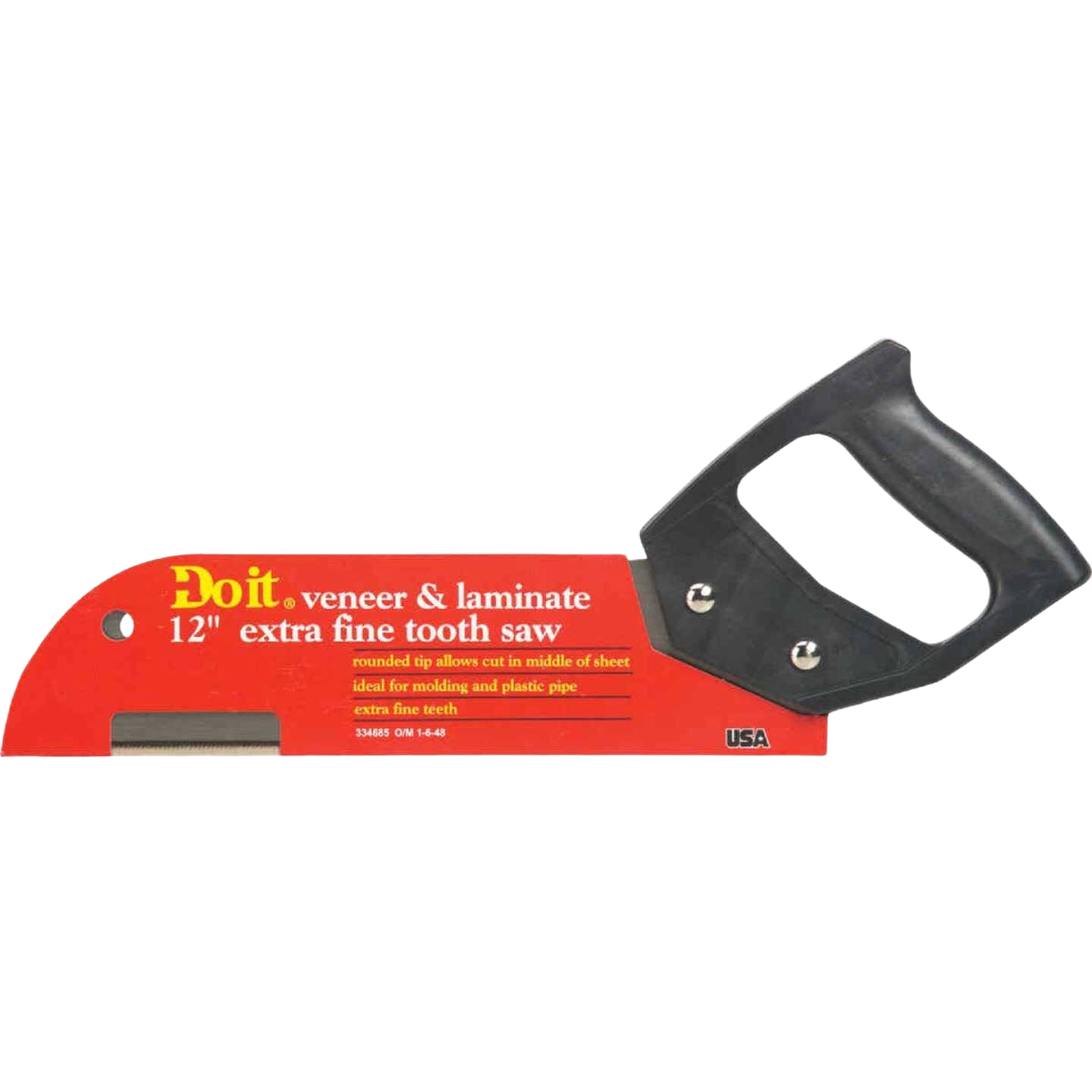 12-inch hand saw with black ergonomic handle and red fine-tooth blade for veneer and laminate cutting tasks