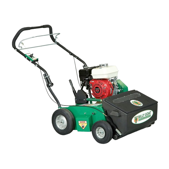 Green push overseeder with Auto Drop system, gas engine, and rear collection bag, part of rental equipment for lawn care at Hartville Hardware.