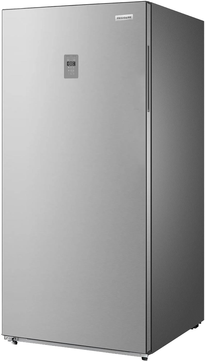 Tall stainless steel upright freezer with digital control panel and recessed handle, suitable for Freezers & Ice Makers, Upright Freezers, Kitchen & Kitchenware, and Appliances collections.