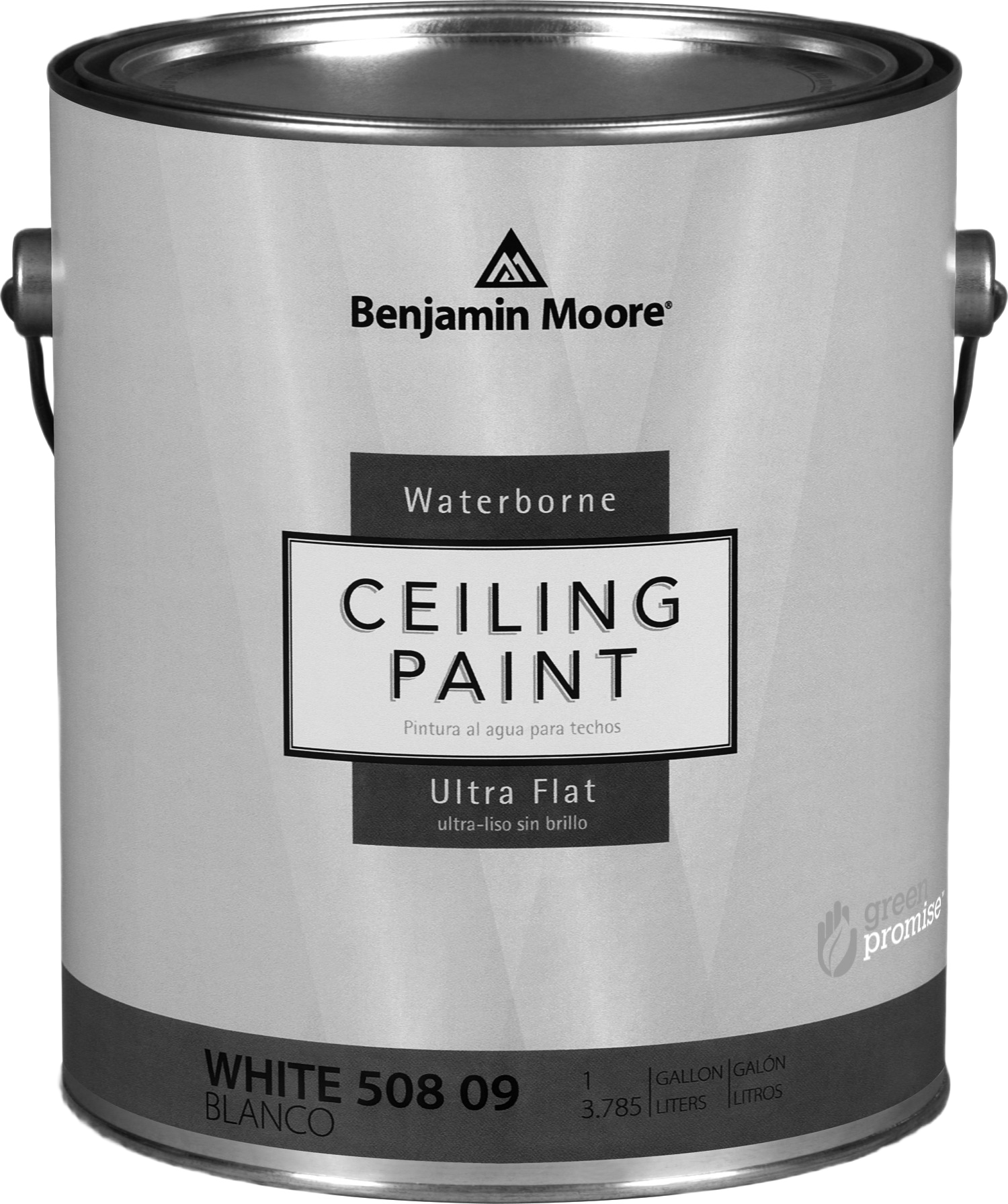 Benjamin Moore waterborne ultra flat white ceiling paint in one-gallon can for home improvement use