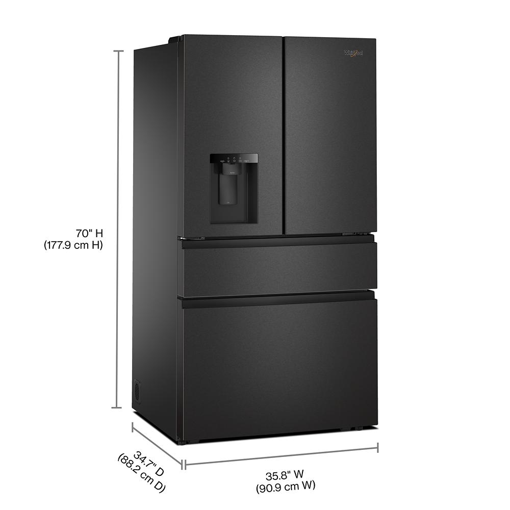 Matte black French door refrigerator with external filtered water dispenser and flexible temperature drawer in Appliances collection