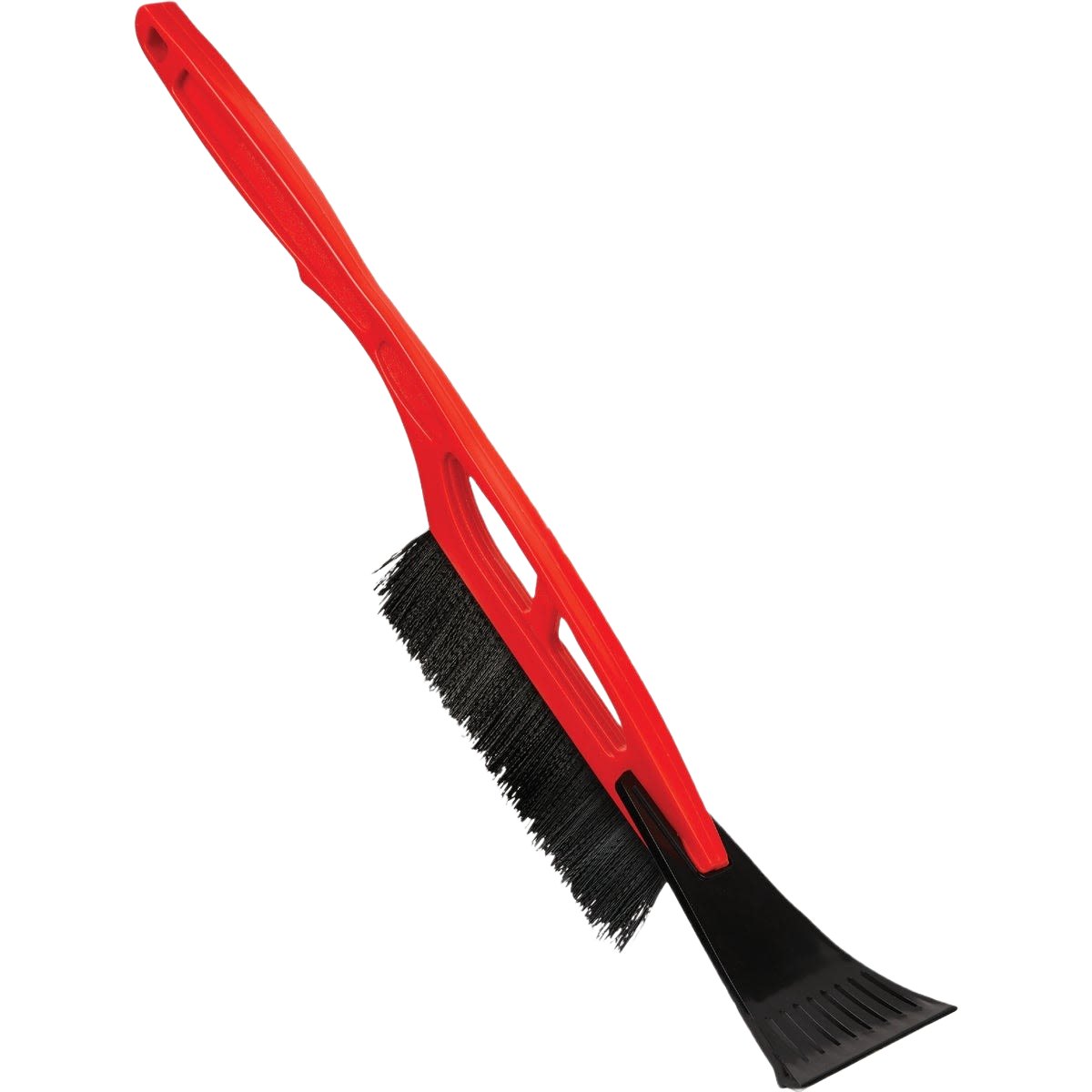 Red plastic snowbrush with black bristles and ice scraper for clearing snow and ice from vehicles under 50 dollars