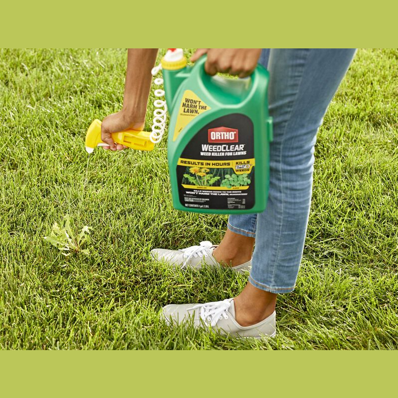 Person holding Ortho WeedClear weed killer spray with trigger preparing to treat lawn in lawn care and home improvement