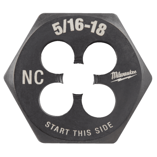 Hexagonal threading die for 5/16-18 NC threads with clear markings, designed for tool accessory use in home improvement.