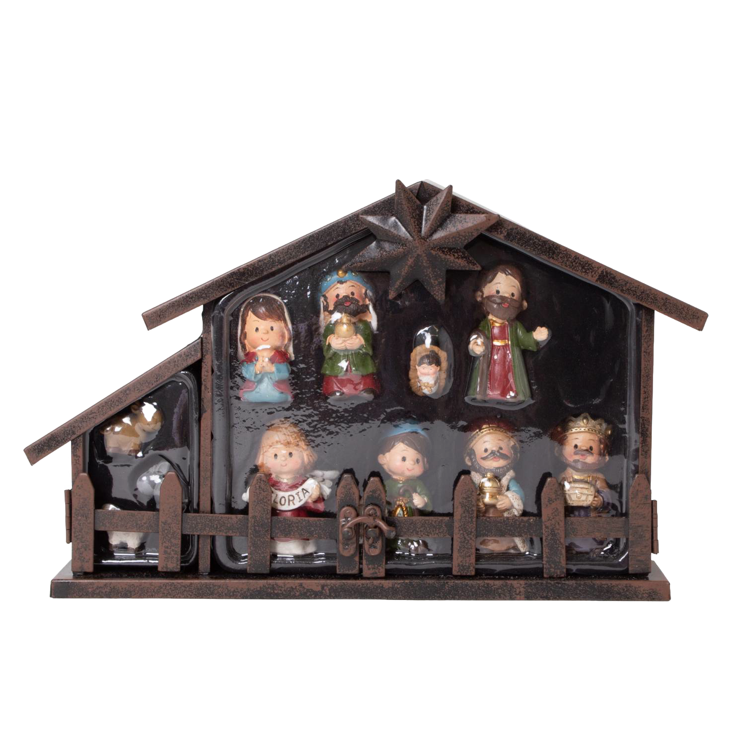 Small 11-piece nativity set with metal creche and colorful figurines for Christmas and Nativity Scenes collection