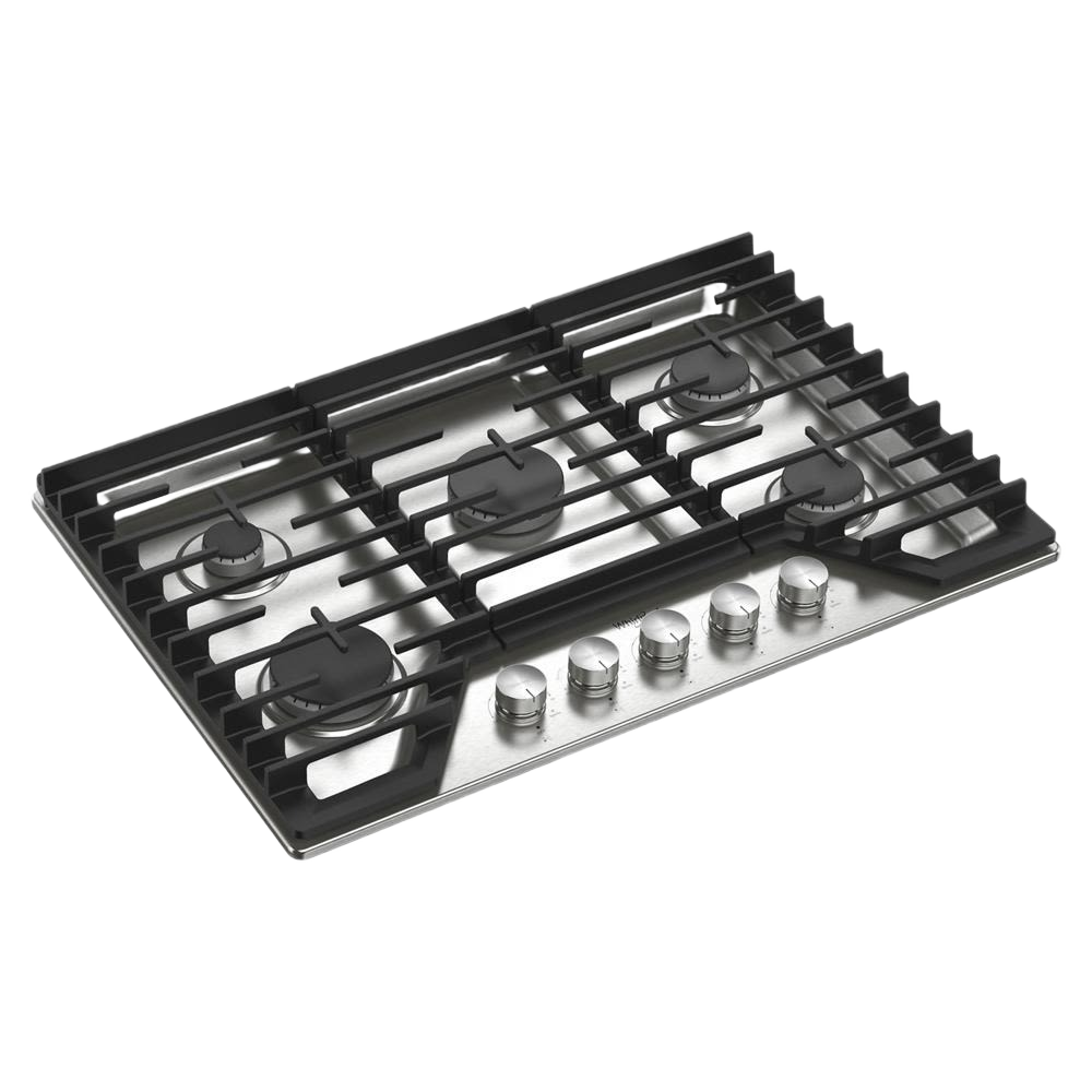 Stainless steel 30-inch gas cooktop with five burners, cast-iron grates, and five front control knobs for kitchen use
