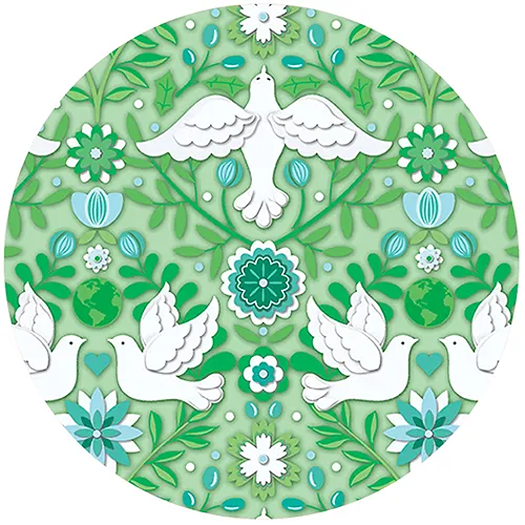 Green and blue floral pattern with white doves and earth motifs symbolizing peace and nature harmony