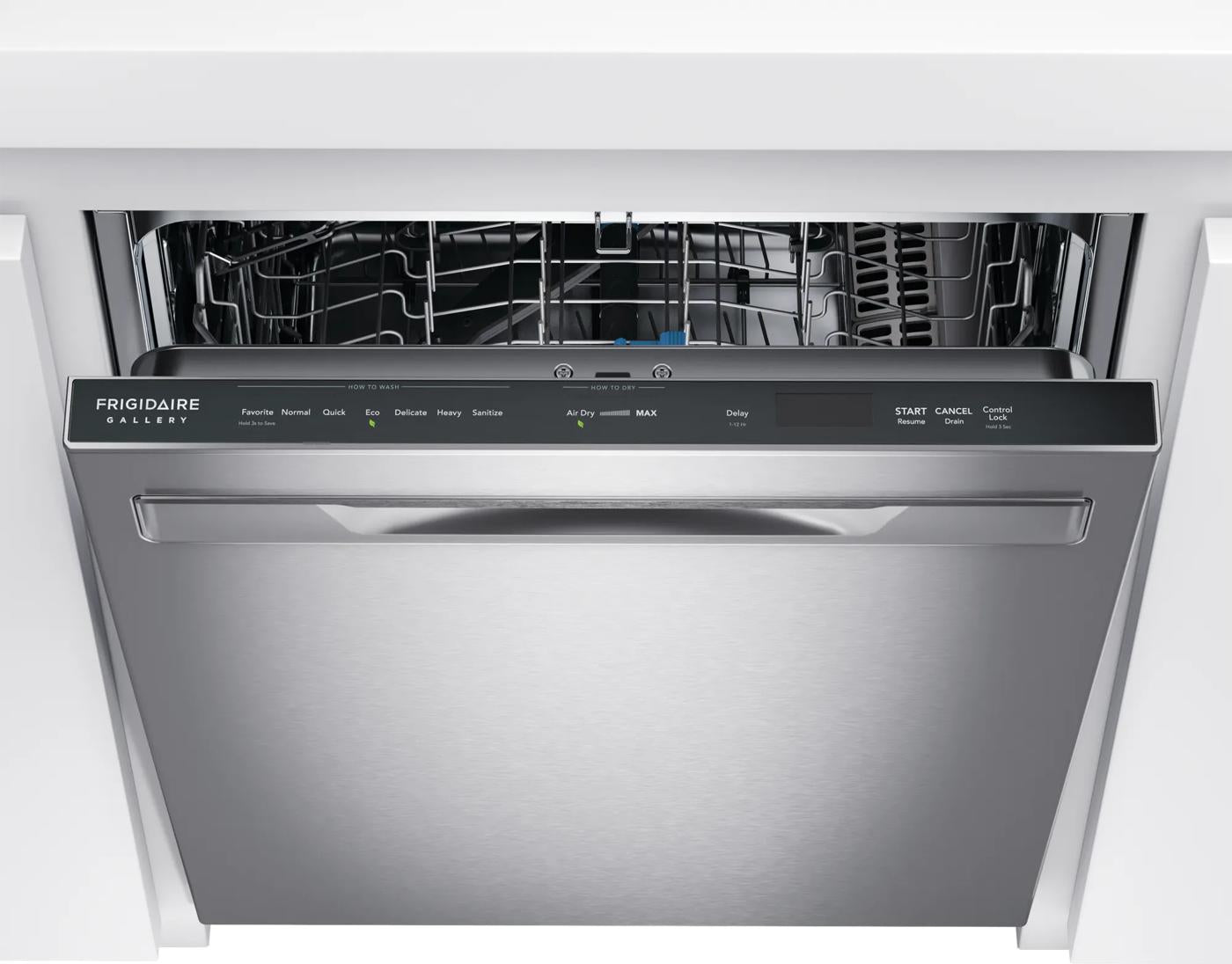 built-in stainless steel dishwasher with control panel open showing adjustable racks in dishwashers collection