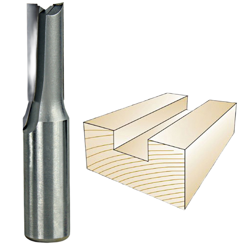 Straight metal router bit for dovetail jig use with illustration of groove cut in wood for woodworking tools accessory