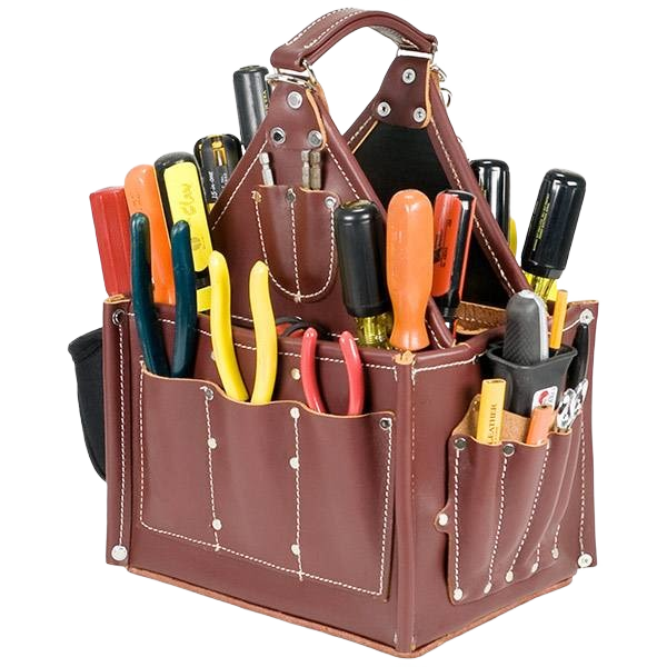 Brown leather tool tote with multiple pockets holding screwdrivers, pliers, and hand tools for workshop organization and tool storage