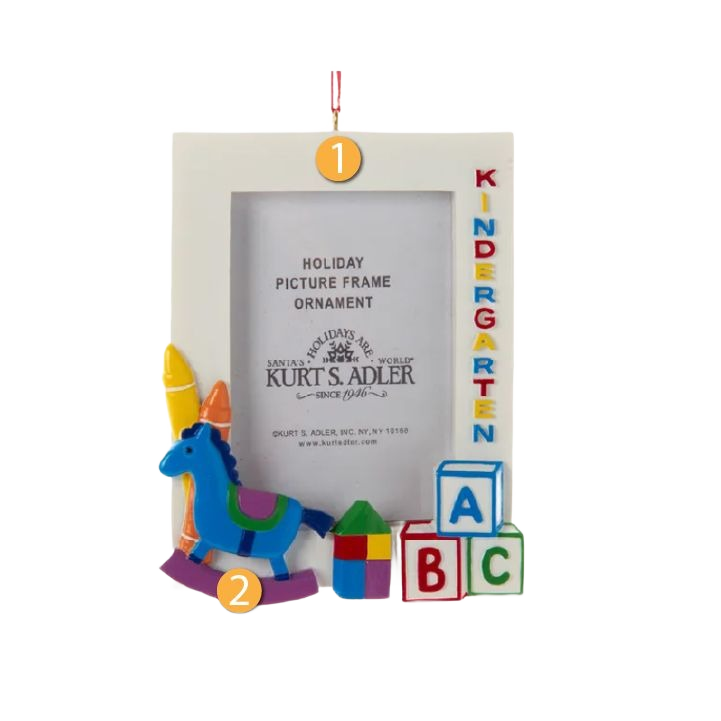 Personalized Christmas ornament featuring a kindergarten-themed picture frame with colorful blocks and rocking horse decorations