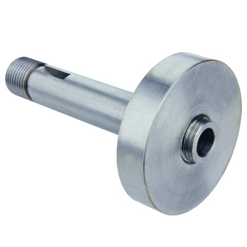 Metal mower blade spindle shaft with threaded end and smooth circular flange for outdoor tool repair use