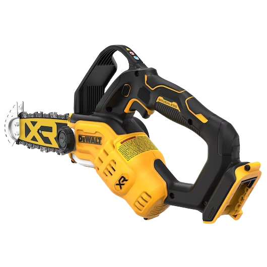 Yellow and black cordless brushless pruning chainsaw designed for efficient cutting in tools and home improvement tasks