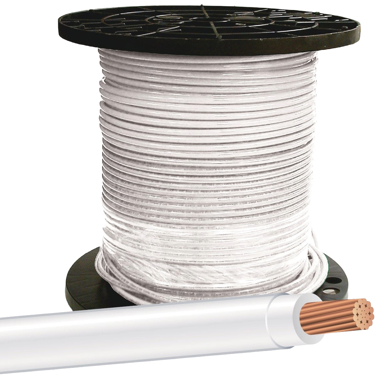 Spool of stranded white 8-AWG wire with close-up of copper conductor for electrical and building wire applications