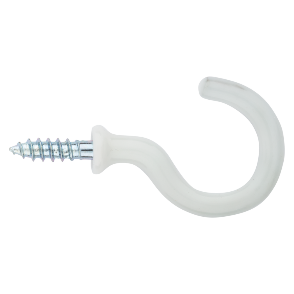 White vinyl-coated cup hook with sharp screw point for wood fastening in hardware and home improvement projects under $50