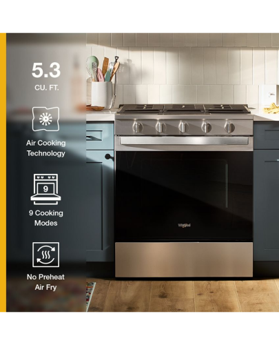 Stainless steel 30-inch gas range with four burners, digital display, and Air Cooking Technology in kitchen setting