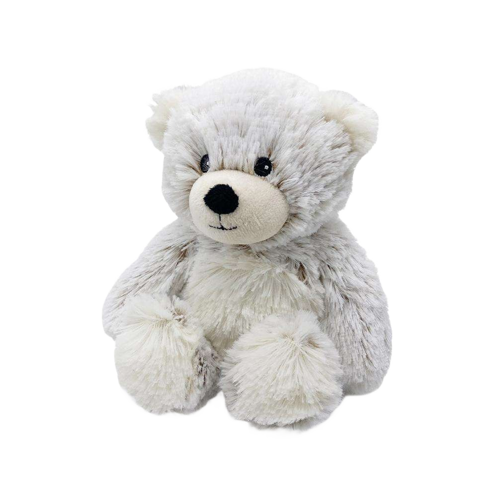 Plush white microwavable bear with soft fur and embroidered facial features for warmth and comfort