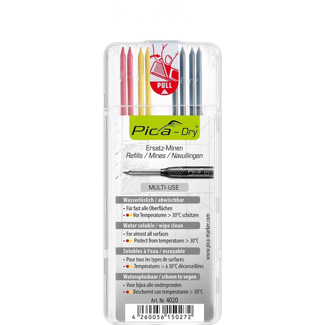 Plastic case of multicolor refill leads for measuring and woodworking tools in hand tools and writing utensil collections
