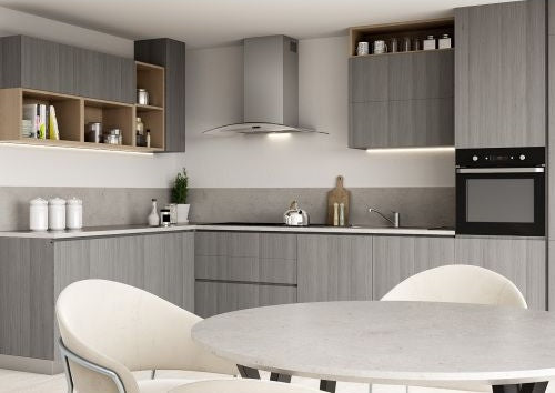 Modern kitchen featuring a 36-inch curved glass chimney range hood with stainless steel finish and LED lighting above gray cabinetry
