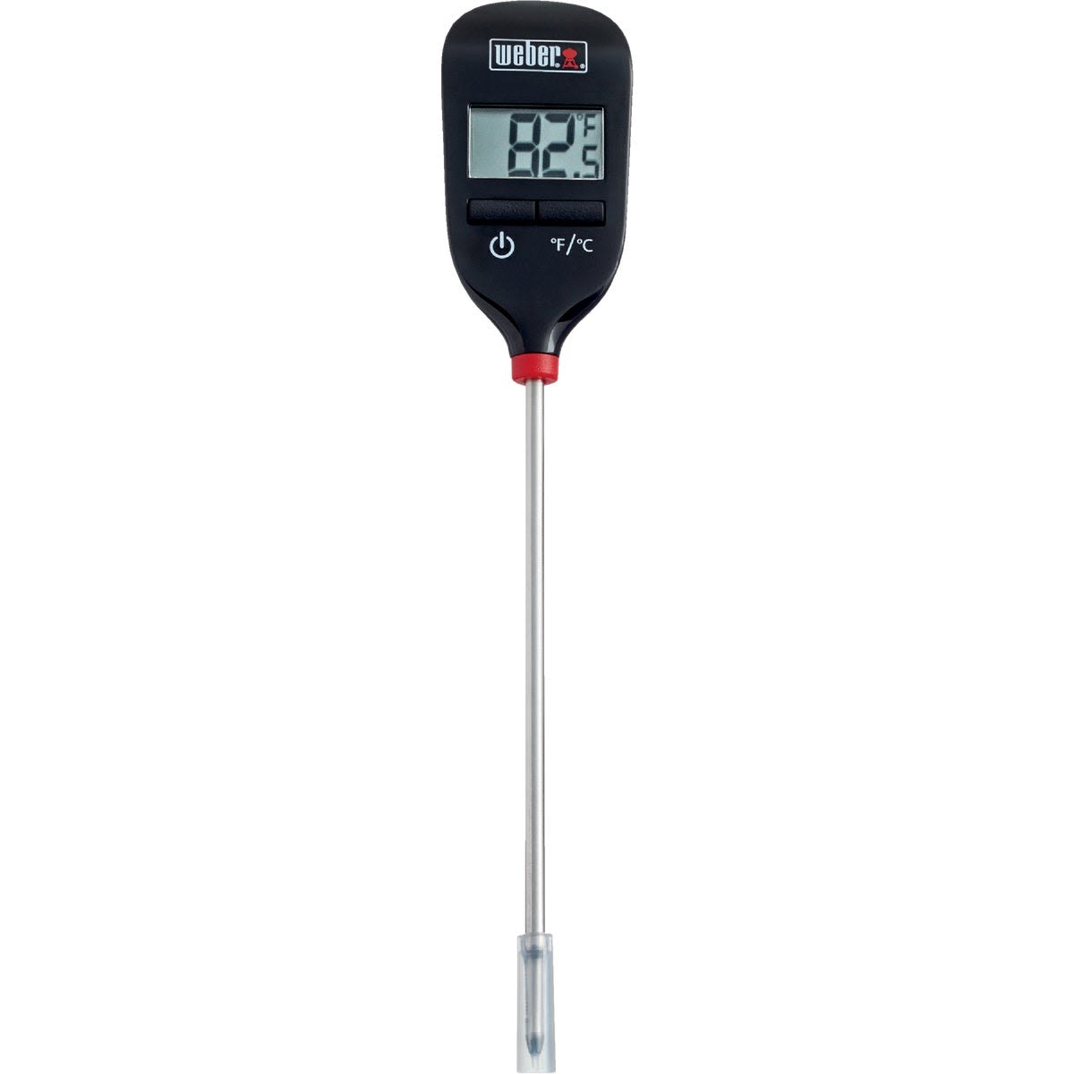 Digital food thermometer with stainless steel probe and LCD screen displaying temperature for cooking precision