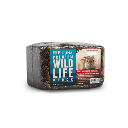 Rectangular wildlife feed block wrapped in plastic with Purina branding and a chipmunk image on the label