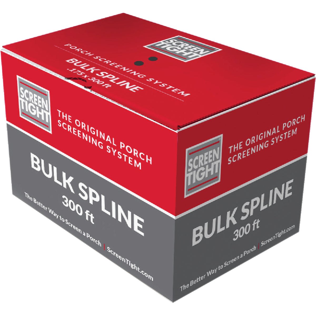 Red and gray box of bulk vinyl spline for porch screen installation with branded Screen Tight logo and product details.