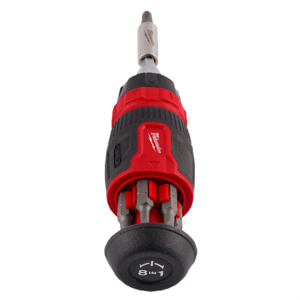 Compact ratcheting screwdriver with integrated multi-bit storage and ergonomic red and black grip for home improvement tasks