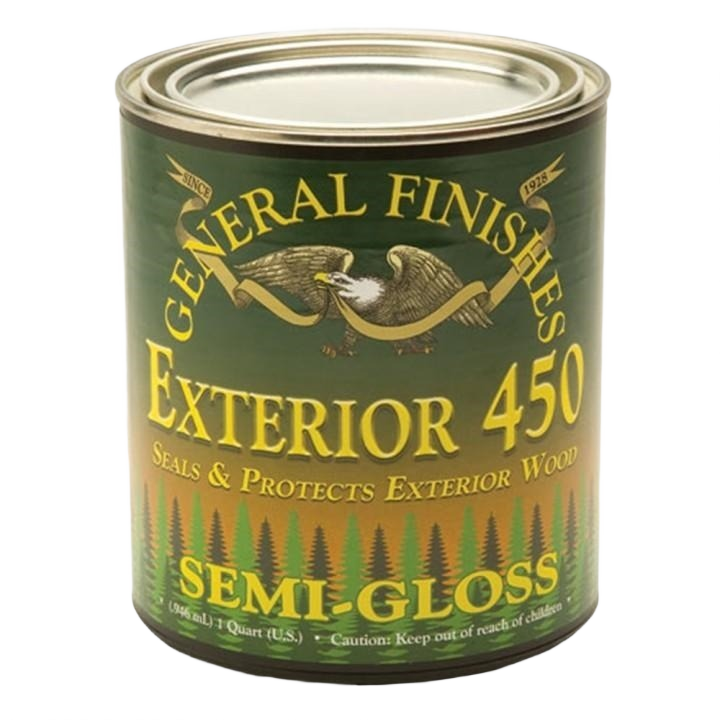 Quart can of semi-gloss exterior wood varnish for protecting and sealing outdoor wood surfaces in home improvement projects