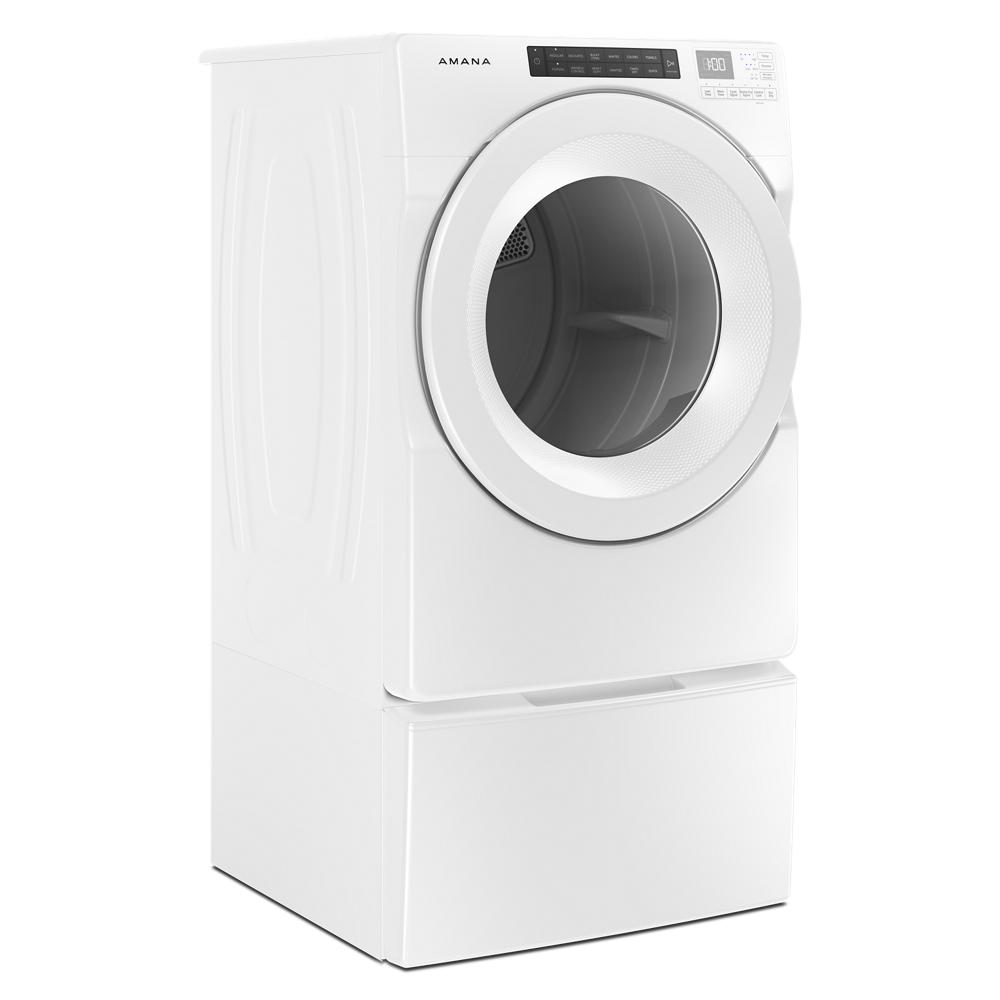 White front-load dryer shown elevated on a storage pedestal from appliance parts and accessories collection