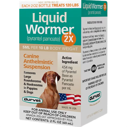 Box of Durvet liquid wormer suspension with image of dog and American flag for canine parasite treatment