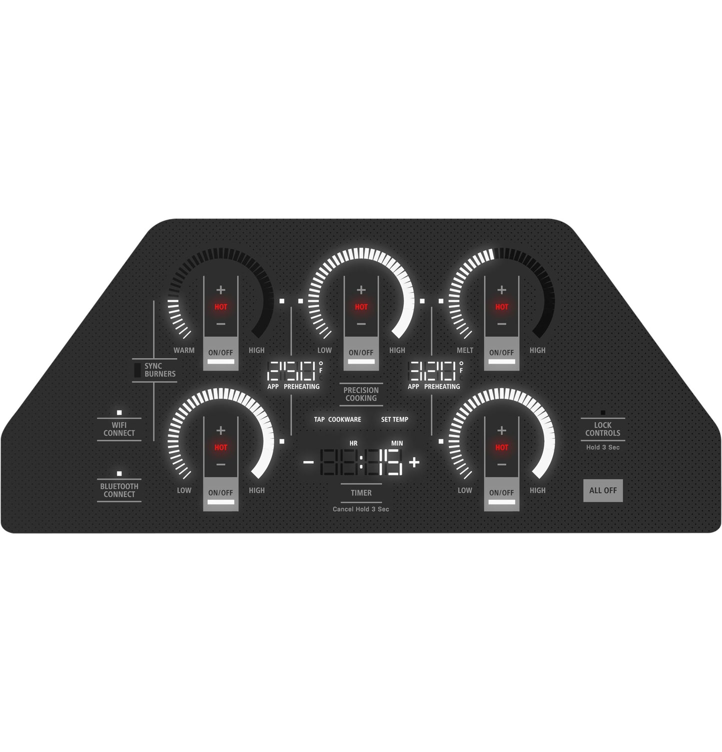 Black induction cooktop control panel with digital touch controls, cooking timers, and connectivity features from appliances collection