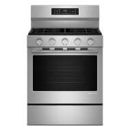 Front view of a stainless steel 30-inch smart freestanding gas range with five control knobs, digital display, and spacious oven door, ideal for ranges and kitchenware collections.