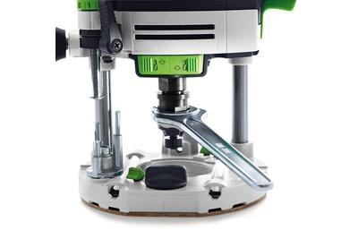 Front view of Festool 576223 OF 2200 EB-F-Plus Router base showing adjustment lever and green controls for woodworking tools collection