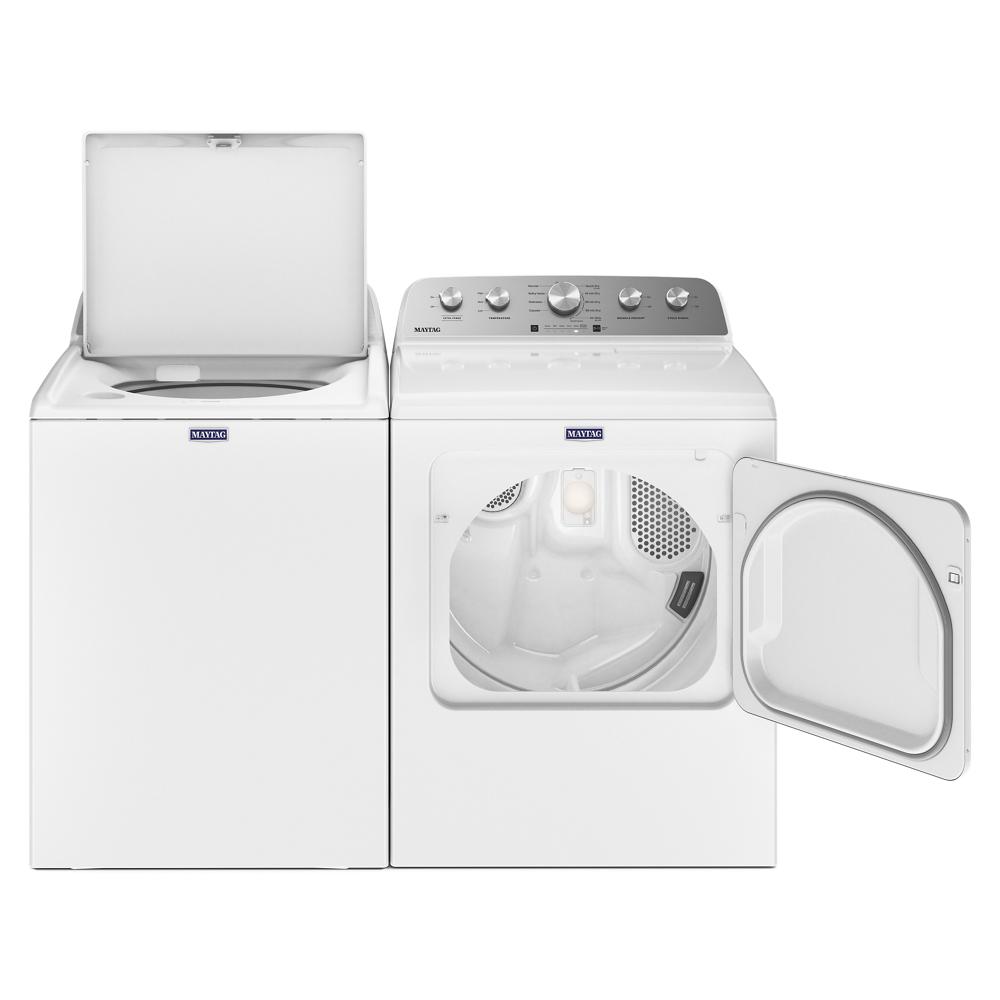 White top load washing machine with lid open next to electric dryer with door and control panel visible in appliance collection
