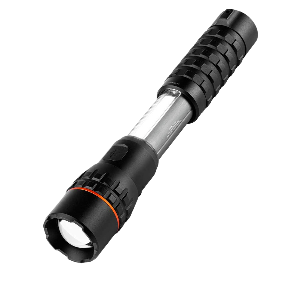 Black flashlight with textured grip, clear middle section, and orange accent ring for home improvement and tool use