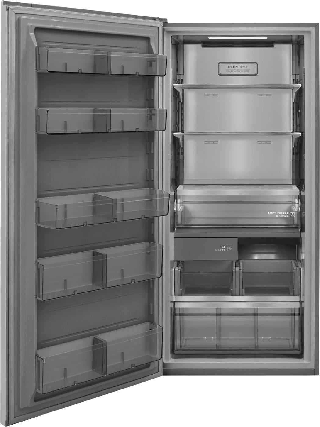 Open view of stainless steel single-door freezer interior with adjustable shelves from Freezers & Ice Makers collection