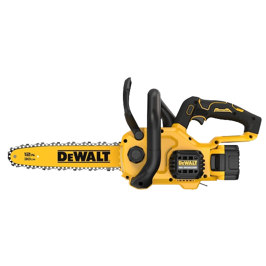 Yellow and black 12-inch cordless chainsaw with ergonomic handle and compact design for tools and home improvement tasks