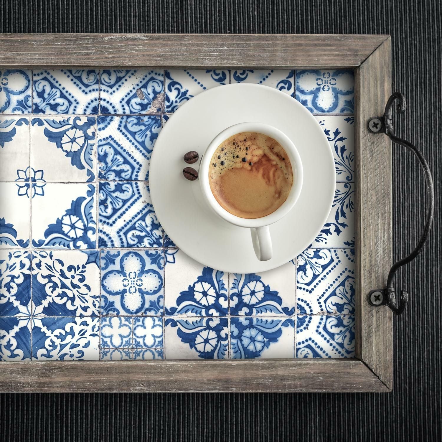 Wood-framed tray with blue and white Mediterranean tile pattern featuring a cup of espresso and coffee beans from home decor collection