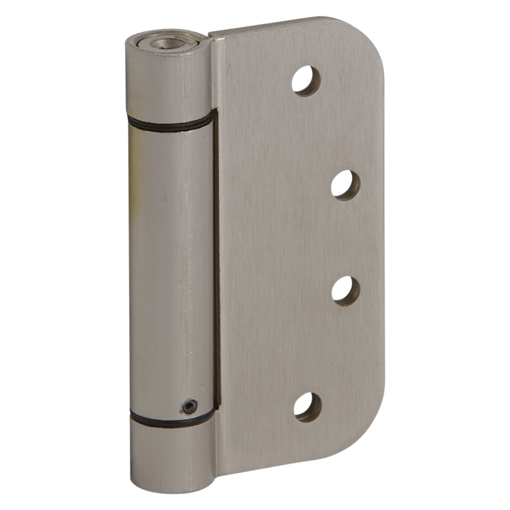 Satin nickel spring door hinge with 5/8-inch radius corners designed for home improvement projects