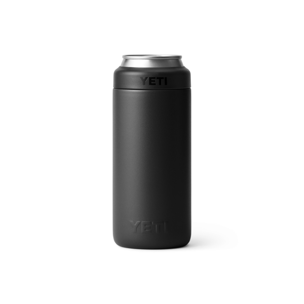 Matte black slim can insulator with subtle branding, designed to keep beverages cold, part of Drinkware and Kitchen & Kitchenware collections.