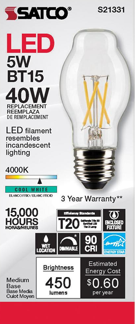 LED filament light bulb with medium base for energy-efficient cool white lighting in lighting and electrical collections