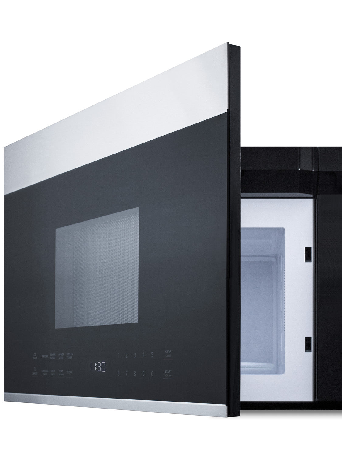 Stainless steel and black over-the-range microwave with door partially open showing white interior and digital controls