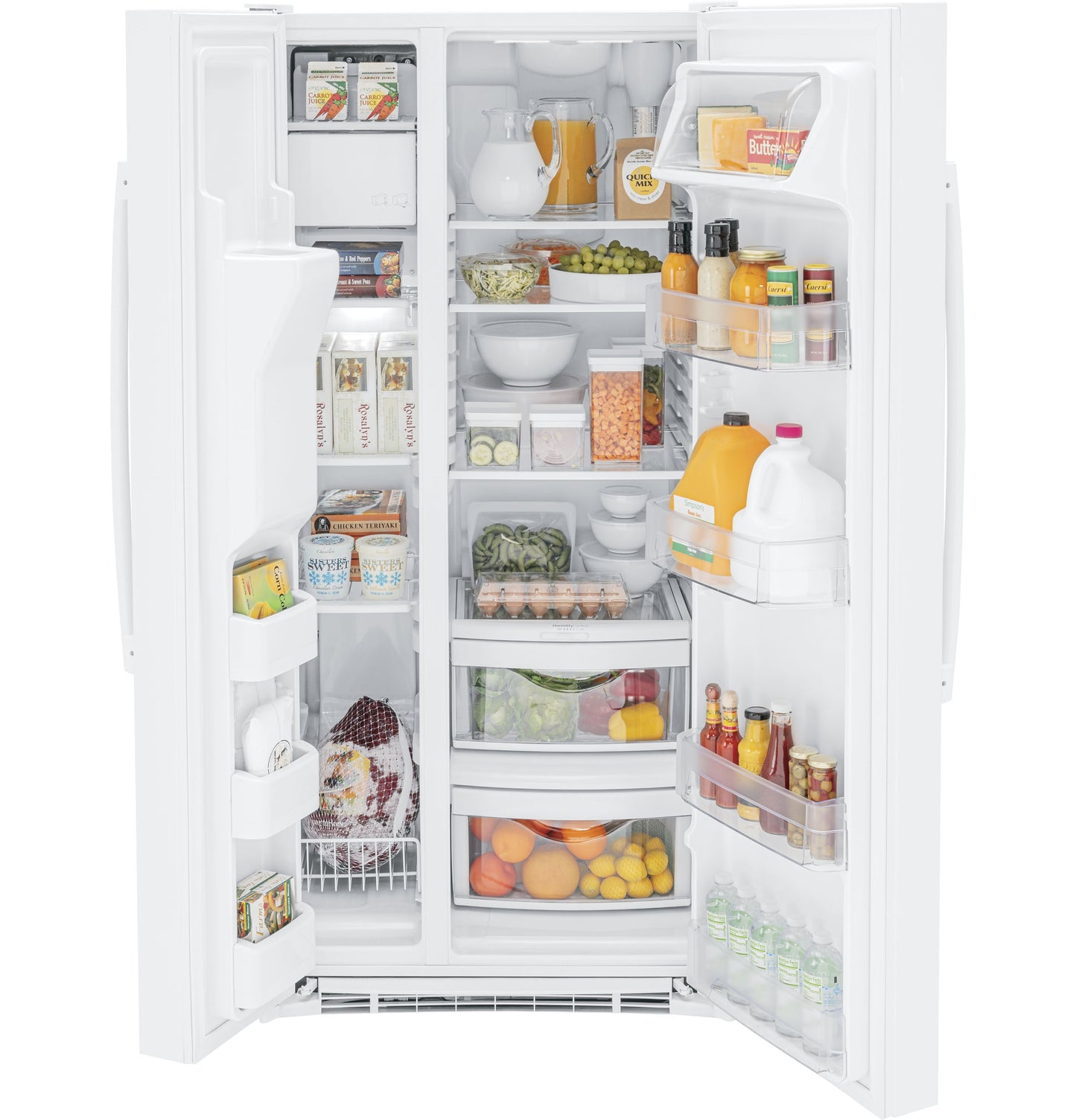 Open white side-by-side refrigerator with organized shelves, fresh produce, beverages, and dairy in kitchen appliances collection