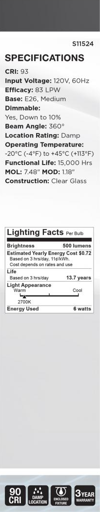 Clear glass LED bulb with medium base, dimmable, warm white 2700K light for home lighting and electrical use