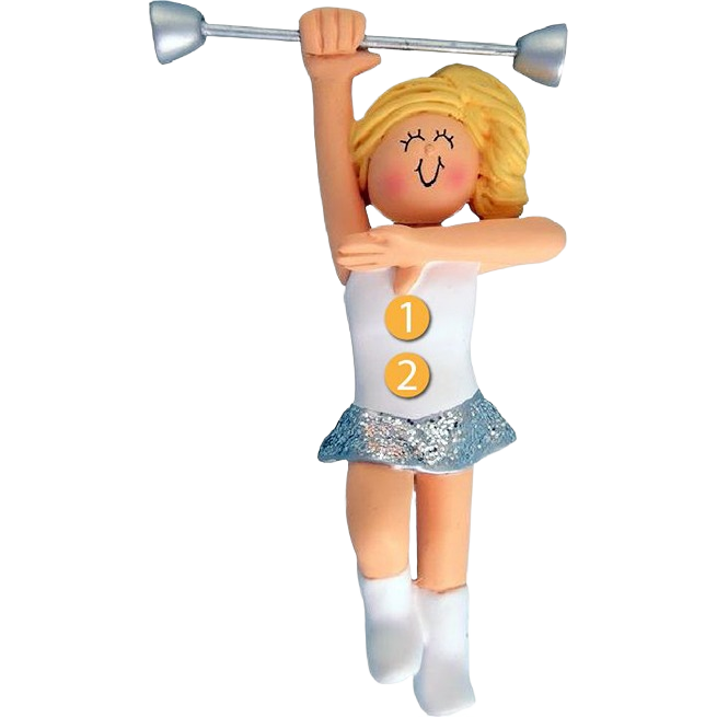 Blonde female baton twirler ornament in white outfit and silver skirt from Christmas Ornaments & Tree Decorations under $50