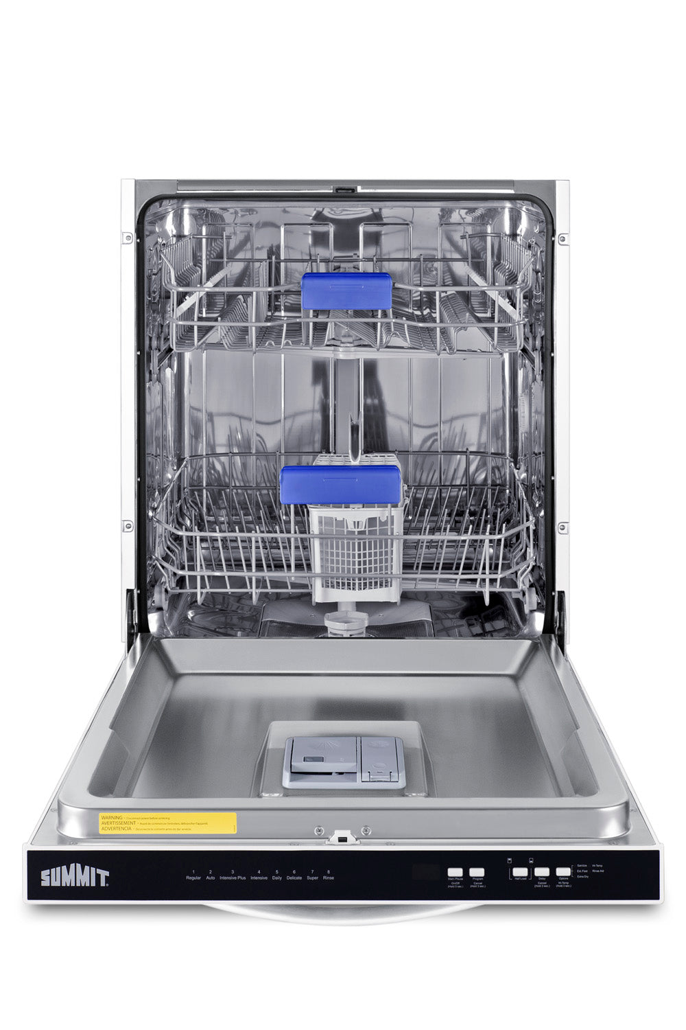 Open stainless steel built-in dishwasher with dual racks and blue accents in a kitchen appliances and home improvement setting