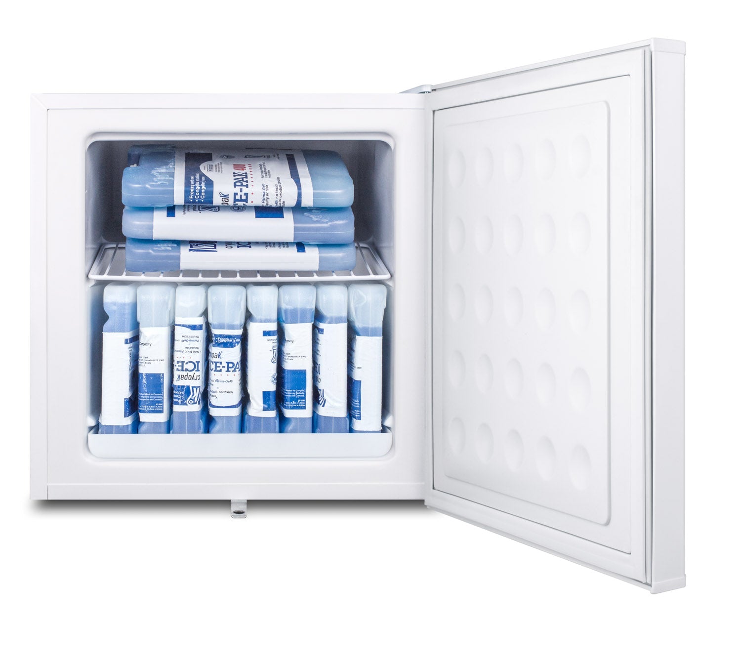 Compact white upright freezer with open door showing stacked ice packs inside from Freezers & Ice Makers collection