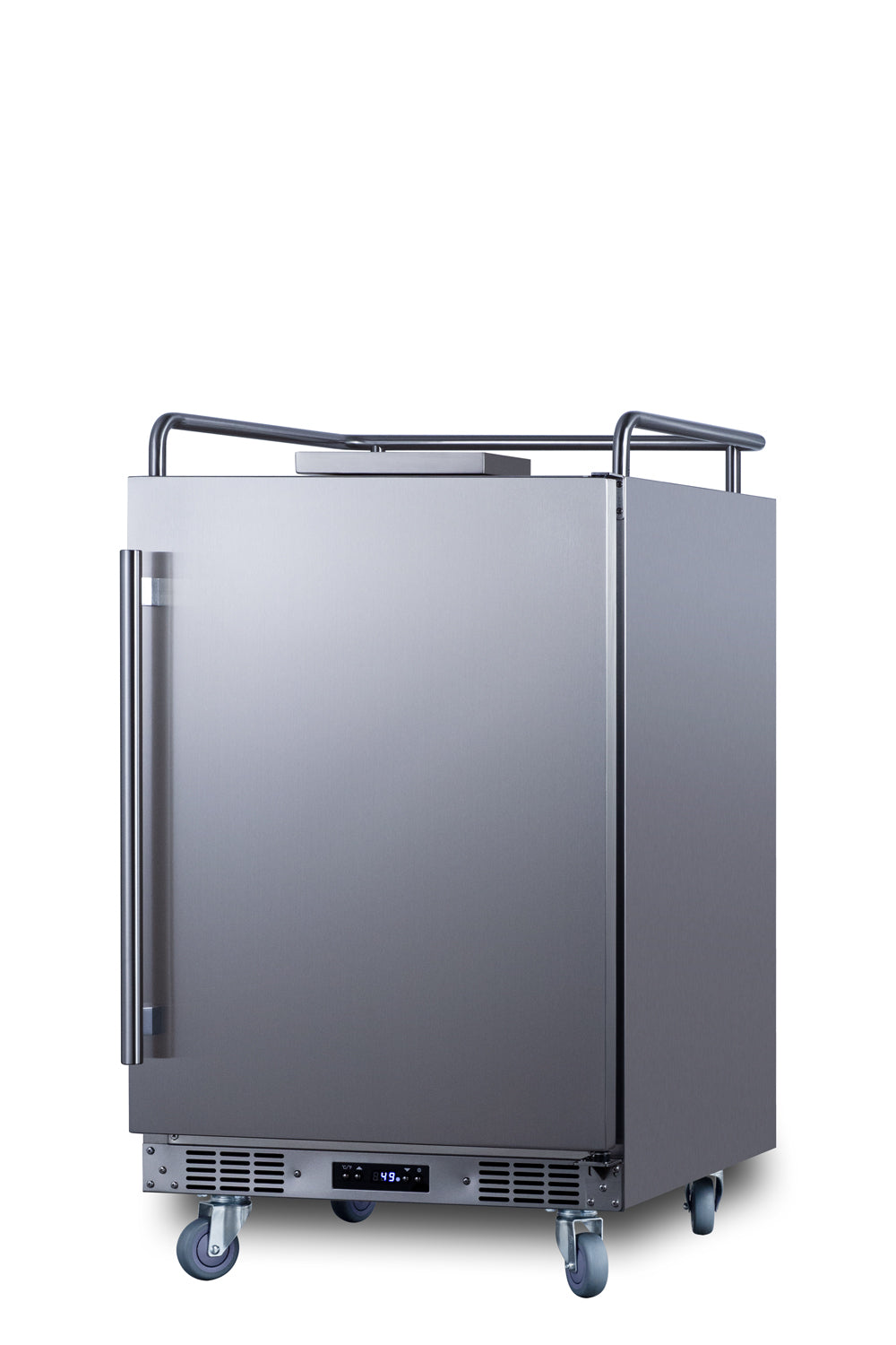 24-inch stainless steel built-in kegerator with caster wheels and digital temperature control in beverage centers and kitchen appliances
