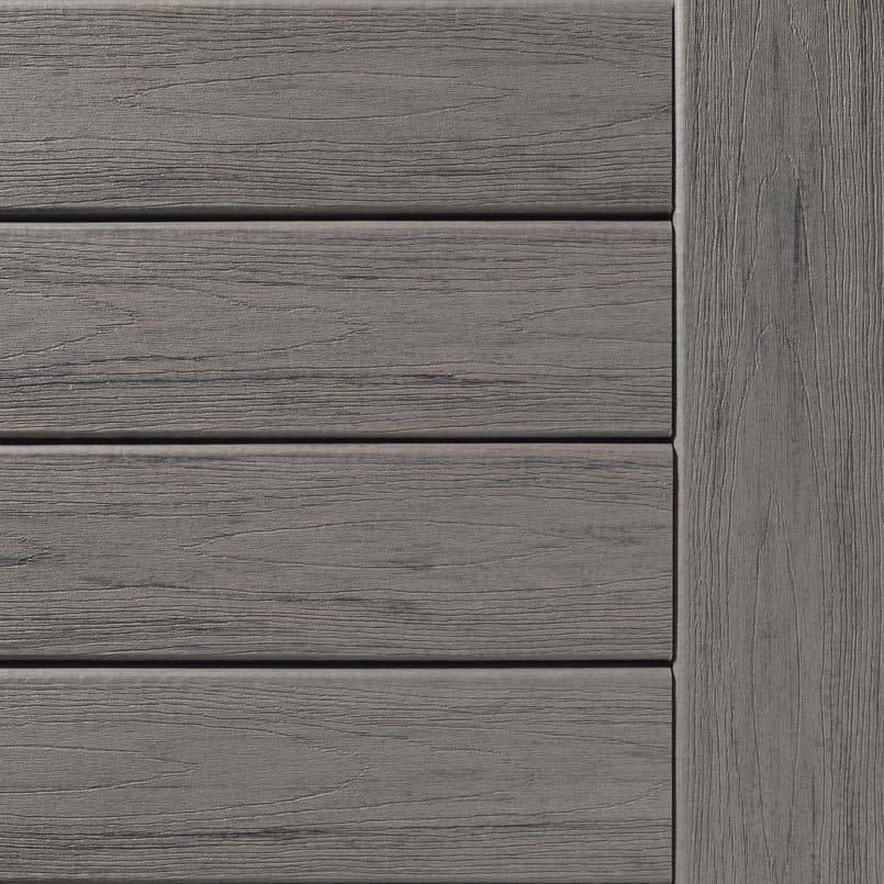 Grooved grooved deck boards in driftwood finish with wire-brushed texture for decking and lumber projects under $100